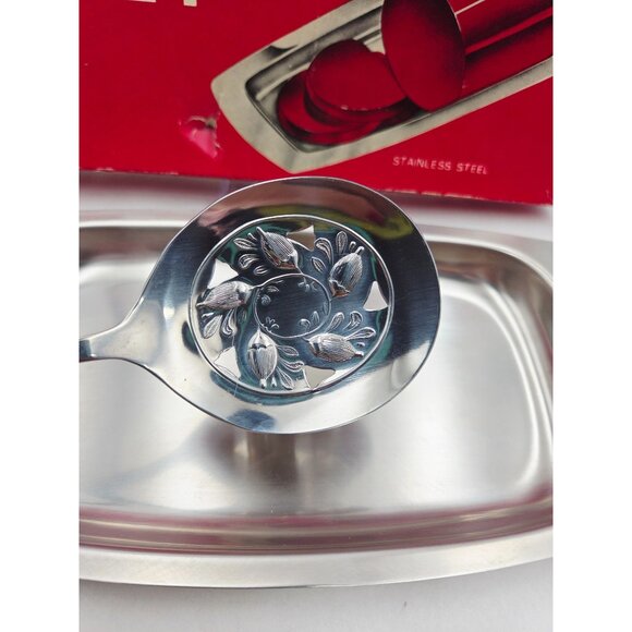 Vintage Cranberry Serving Set Leonard Stainless Steel Spoon & Tray in Box - Picture 2 of 11